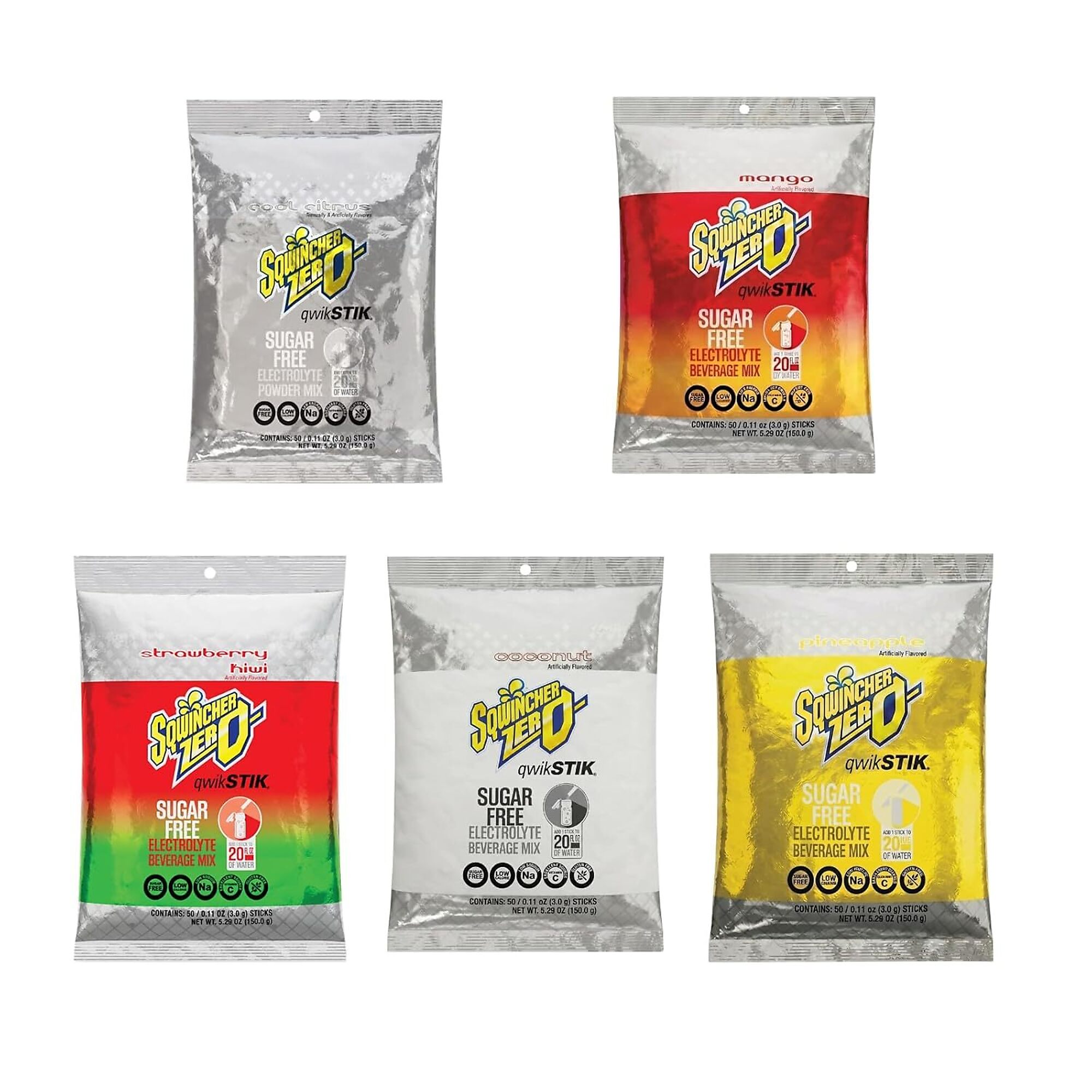 Sqwincher Qwik Stik Electrolyte Drink Mix, 5 Flavor Dye-Free Variety
